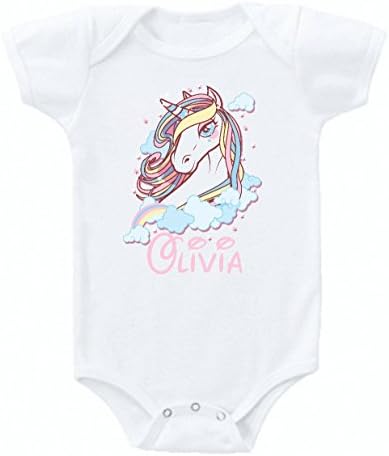 Unicorn Fantasy Pink Baby Onesie Bodysuit Short Sleeve Cute Personalized Custom Name 0 to 3 mos or 3 to 6 months for Girls Design 9