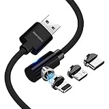 Magnetic Cable, GARAS 3 in 1 L Shaped Nylon Braided USB Fast Charging & Data Syncing Cord with LED Light Compatible with Mirco USB, Type C Smartphone and iProduct (3.9 ft-Black)