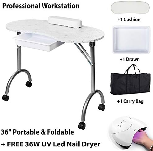 36'' Portable & Foldable Nail Manicure Table | Nail Technician Desk Workstation Manicure Table with FREE Nail Dryer + Power Cable + Carrying Case + User Manual