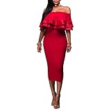 Dynen Women's Off Shoulder Ruffles Bodycon Cocktail Party Midi Dress