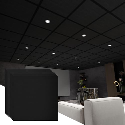 LooYee 24 PCS Black Polyester Fiber Acoustic Ceiling Tiles Reduce Light Reflection 2 X 2 Ft Sound Proof Ceiling Panels Moisture Resistant Ideal for Home Theater Office Basement Cover 96 Sq.Ft