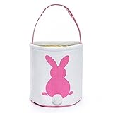 VIPITH Easter Bunny Basket Dual Layer Easter Eggs Foldable Canvas Tote Printed Rabbit and Fluffy Tails Easter Gift Bag for Kids Party (Pink)