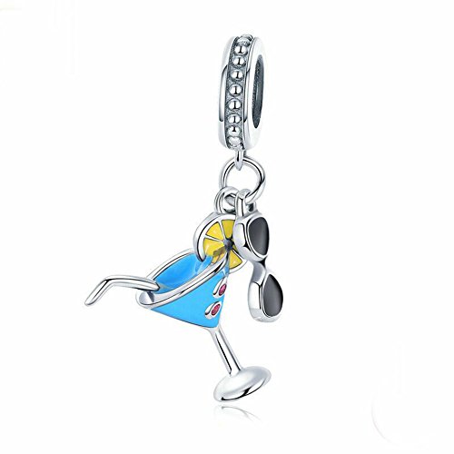 A Summer Cold Drink & Sunglasses Charm 925 Sterling Silver Lemon Charm Wine Glass Charm Beads for Fashion Charms Bracelet & Necklace