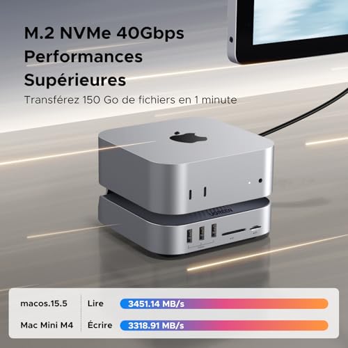 UGREEN USB4.0 Docking Station et Support pour Mac Mini M4 et M4 Pro avec Boîtier M.2 NVME SSD 40Gbps Station d'accueil USB C HDMI 8K 30Hz 4K 144Hz 5 USB 3.2 4A1C 10Gbps Lecteur SD TF 4.0 3.5mm