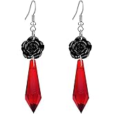 Gothic Black Rose Flower Statement Retro Arrows Shape Crystal Gems Dangle Earrings for Women Victoria Rock Floral Drop Vintage Punk Hook Earring Halloween Goth Party Costume Jewelry Gifts