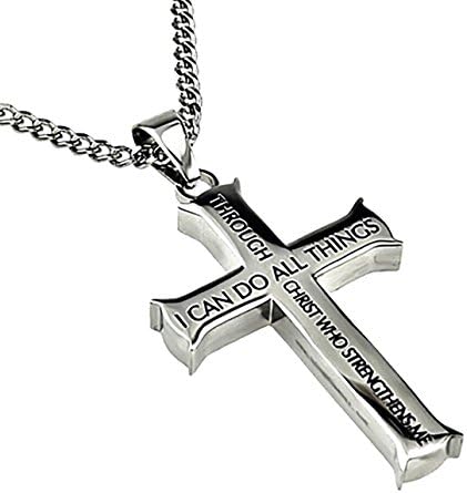 Philippians 4:13 Cross Silver Necklace Stainless Steel Christian Jewelry 20" 24'' 26'' Curb Chain