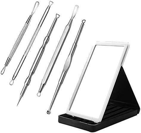 HiBeauty Comedone Pimple Extractor Kit Blackhead Remover with Beauty Mirror, Black-White