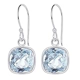 Orchid Jewelry Checkerboard Natural Blue Topaz 925 Sterling Silver Dangle Earrings, Genuine Gemstones, December Birthstone, Handcrafted, for Girls and Women's (7 Mm Cushion, 3.00 Cttw)