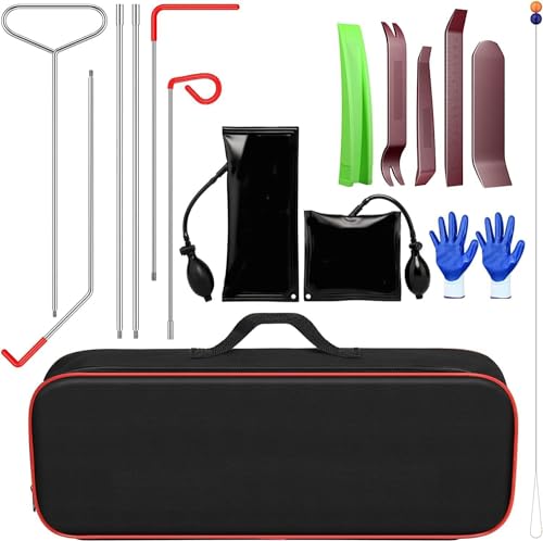 Menborn 16 Piece Professional Car Tool Kit with Long Handle, Air Wedge Pump, Trace Free Wedge Gloves, Emergency Essential