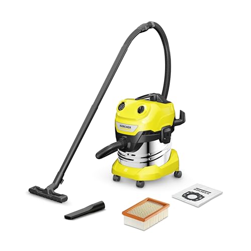 Karcher WD 4 S V-20/5/22 Nass-& Trockensauger, 20 l Edelstahlbehälter, 1000 W, 5 m Kabel, 2,2 m Saugschlauch, Clips-Bodendüse, „Pull & Push“-Verschlusssystem, Gelb