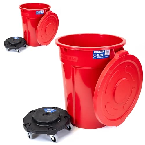 Magnum Red 55 Gallon Trash Can Set (Trash Can, Quiet Dolly, and Reinforced Lid)…