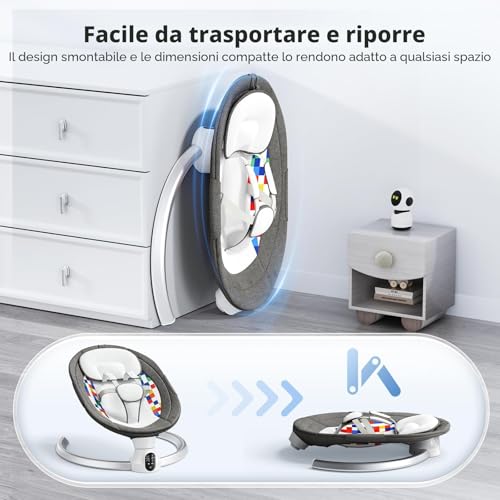Ixdregan APP Operation Baby Bouncer, 5-Point Harness Improved Electric Baby Swing with 3 Timers, 5 Speed Swing, 10 Musics, Baby Bouncer, Bluetooth Soft Padded 0-9 kg