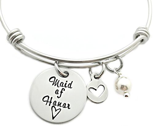 Maid Of Honor Bangle Bracelet With Pearl - Wedding Party Gift - Hand Stamped Jewelry