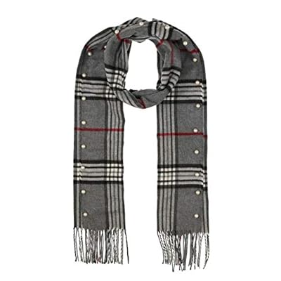 Accessories First Pearl Plaid Scarf - Fashionable Womens Acrylic Woven Faux-Pearls Scarf with Twisted Fringes Accessories First Pearl Plaid Scarf - Fashionable Womens Acrylic Woven Faux-Pearls Scarf with Twisted Fringes