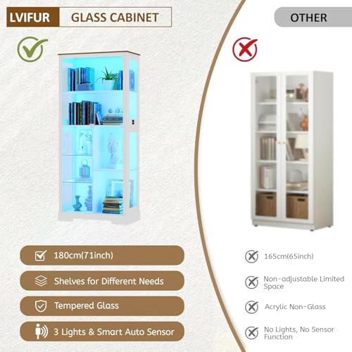180cm Tall Display Cabinet with Glass Doors, Modern Curio Cabinet with 3 Color Lights, 7-Tiers Glass Display Cases for Collectibles, Tall Lego Storage Cabinet with Human Body Sensor (White)