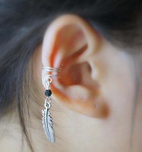 22)Non Pierced Silver Feather Ear Cuff With Bead