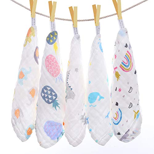 Baby Muslin Washcloths, Muslin Squares Organic 100% Cotton Natural Baby Face Towels, 5 Pack Reusable Extra Soft Newborn Baby Wipes, 6 Layers Bath Shower Wash Cloths with Printed Design, 10x 10 Inches