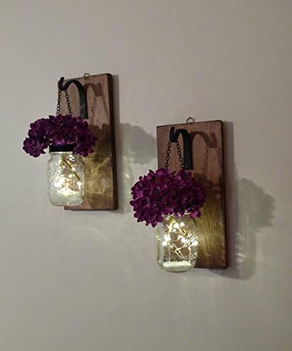 Hanging Mason Jar Wall Sconces with Lavender Hydrangea Flowers, Mason Jar Lights, Wrought Iron Hooks, Set of 2