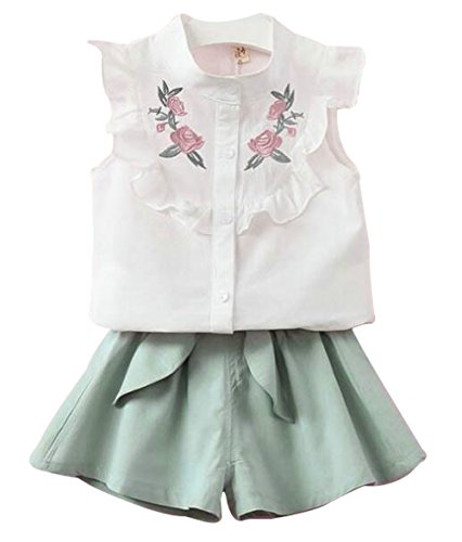 2Pcs Kid Baby Girl Summer Floral Embroidery Shirt Tops+Belt Pants Sets Outfit Size 18-24Month/Tag100 (Green) - Thumbnail 4