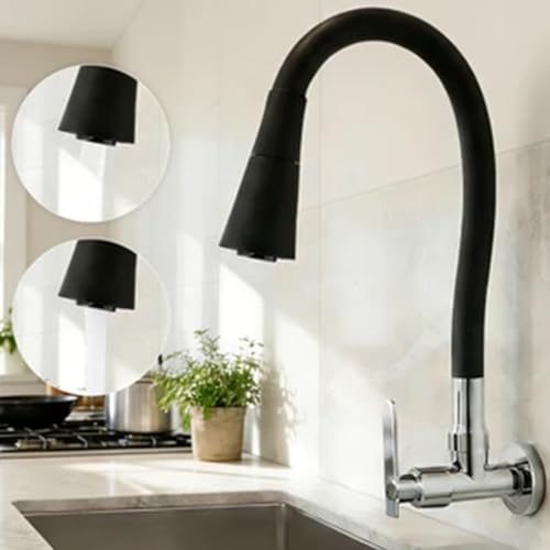 Torneira de Cozinha de Parede Preta Design Flexível Acabamento Fosco para Decoração Moderna (1 Pcs)