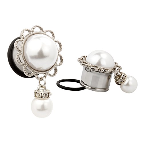 KUBOOZ Pearl Pendant Ear Piercing Jewelry Stainless Steel Tunnels and Plugs Ear Expander Reamer Guages 5/8"