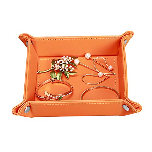 PUSU Valet Trays for Beside Table Desktop Storage, Leatherette Keys Caddy Bedside Dresser Organizer Catchall Tray for Dice Change Coins Wallet Jewelry Makeup Trinkets (Orange)