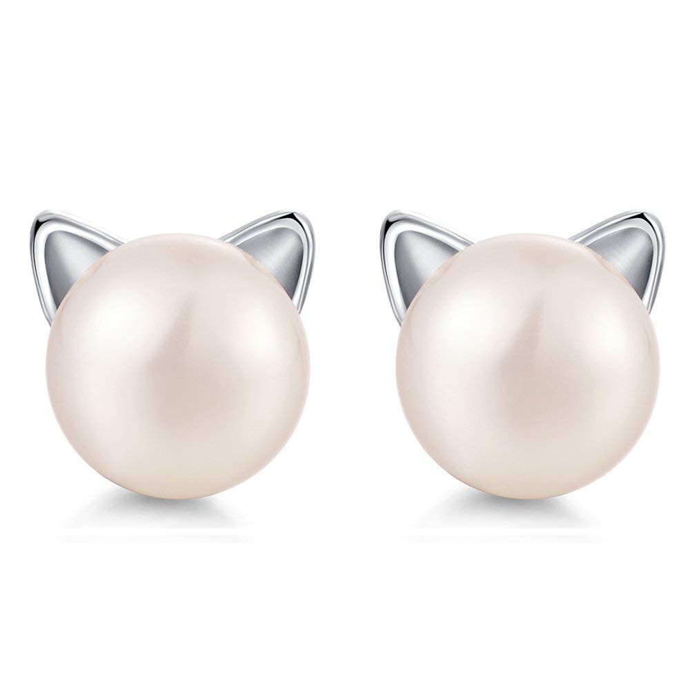 Cat Stud Earrings Pearl Jewellery for women girls kids for Cat Lover 925 Sterling Silver Ear Studs