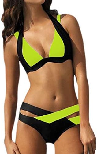 ReachMe Womens Cross Double Colored Padded Push Up Halter Bikini Swimsuit(5 Green 2XL)