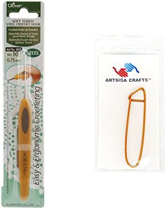 Clover Needlecraft Soft Touch Steel Crochet Hook Size 10/.75mm Bundle with 1 Artsiga Crafts Stitch Holder 1025