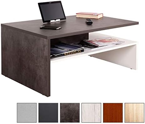RICOO WM080-W-BG, Coffee Table, White/Grey Concrete Effect Look, pressed Wood, 90x60x42 cm, Tea Side Stand, Wooden Couch Sofa TV Magazine Compartment