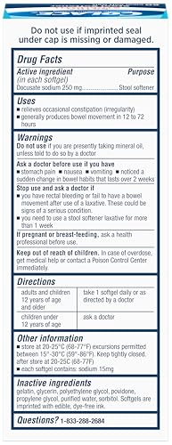 COLACE EXTRA STRENGTH STOOL SOFTENER, 60 COUNT, GENTLE CONSTIPATION RELIEF FOR ADULTS, 250 MG DOCUSATE CAPSULES, #1 DOCTOR RECOMMENDED STOOL SOFTENER BRAND