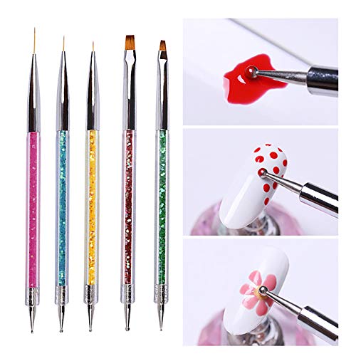 Kalolary 5PCS Nail Art Point Drill Drawing Brush Pen Manicure Care Tool Dual-Ended Acrylic Nail Art Liner Brushes Nail Art Design Dotting Pen Tools Nails Art Tips Design Set for Home DIY and Salon - Thumbnail 4