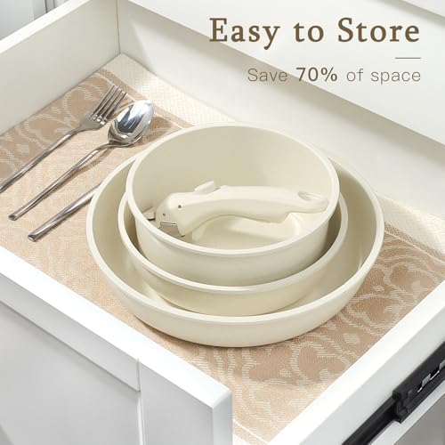 GiPP Ceramic Coating Pots and Pans Set Non Stick, 8pcs Nonstick Detachable Handle Cookware Sets, Non Toxic Induction Kitchen Pot and Pan, Healthy RV Cookware, Dishwasher＆Oven Safe(White)