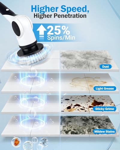 Electric Spin Scrubber, 3-Speed Cordless Shower Scrubber with Long Handle & 10 Replaceable Brush Heads, 90 Mins Runtime & Full-Body IPX7 Waterproof Shower Cleaner Brush for Bathroom Kithchen
