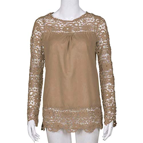 Women Long Sleeve Shirt,Lady Casual Lace Blouse Loose Cotton Tops (4XL, Khaki)