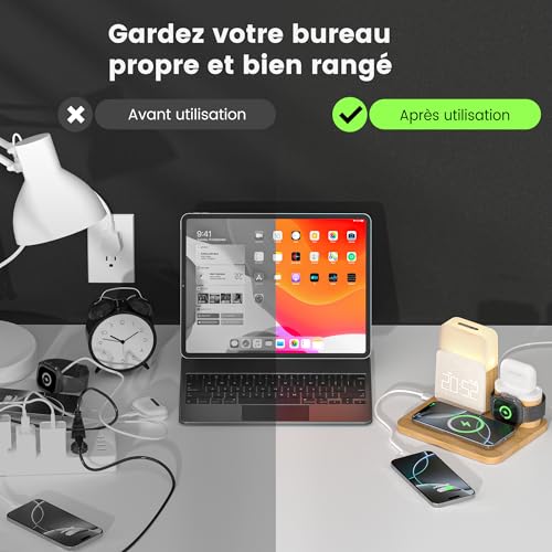 COLSUR 7 in 1 Induction Charger for Apple Watch iPhone AirPods, Samsung Charging Station, Bedside Lamp, Touch Room, Alarm Clock, Phones Accessories Wireless 17/16/15/14/13, Room Decoration