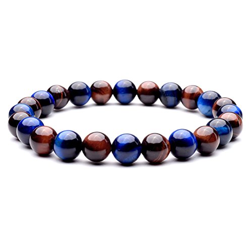 Jovivi 8mm Natural Yellow/Red/Blue Tiger Eye Stone Gemstone Elastic Stretch Bracelet for Men Women