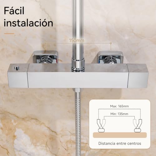 Auralum Thermostatic Shower and Bath Tap, Anti-scald Cold Body Wall Mixer with Button 38 °C, 2 G1/2 Inch Taps, Adapter G3/4 Inch, Adjustable 135-165 mm, Universal Replacement, Chrome
