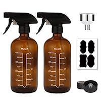 16oz Glass Spray Bottles with Measurements - Amber Empty Reusable Refillable Container with Funnel and Labels for Mixing, Homemade Cleaning Products