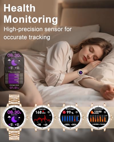 Women's Smart Watch with Calls, 1.27'' Smartwatch Woman with Diamond Strap, Compatible with Android/iOS, IP68 Waterproof Smart Watch Round with 120+ Sports SpO2 Sleep Pedometer, Rose Gold
