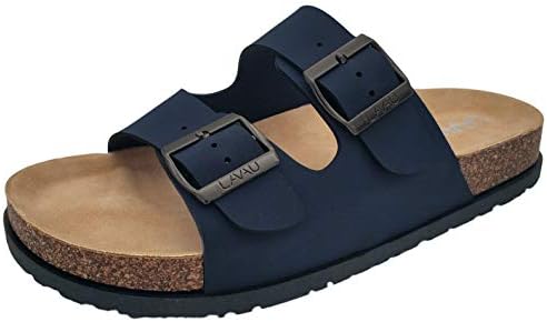 LAVAU Women's 2-Strap Cork Footbed Slide Sandals Double Buckle Adjustable Flat Sandals