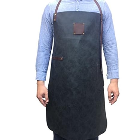 QEES Schwarze Arbeitsschürze aus Leder Lederschürze Werkzeugschürze Unisex Design Verstellbare Länge Für Küche Garten Köche K