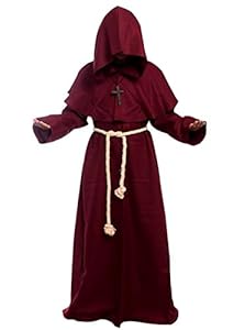 Friar Medieval Hooded Monk Renaissance Priest Robe Costume Cosplay, Burgundy, Large