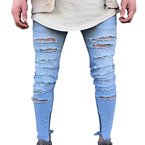 Men Jeans Daoroka Men's Ripped Slim Fit Straight Denim Motorcycle with Broken Holes Younger-Looking Pants