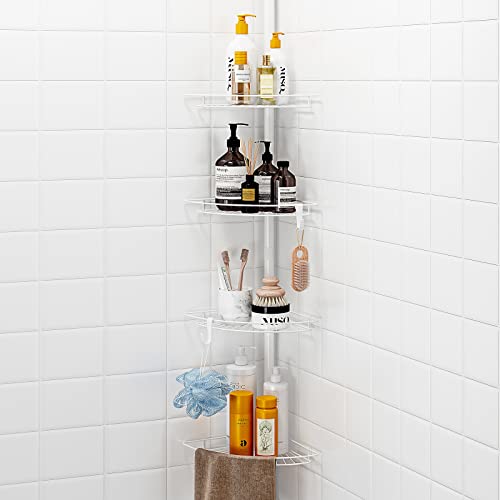 AIYAKA Tension Corner Shower Pole Caddy, with 2 Hooks, Bathroom Storage