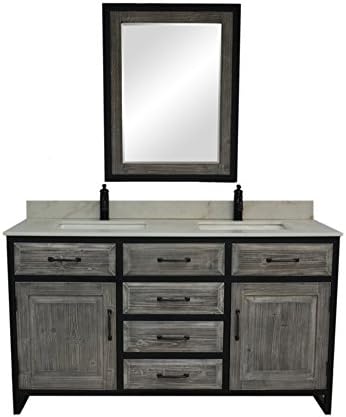 INFURNITURE 60"RUSTIC SOLID FIR DOUBLE SINK IRON FRAME VANITY IN GREY WITH ARCTIC PEARL QUARTZ TOP-NO FAUCET