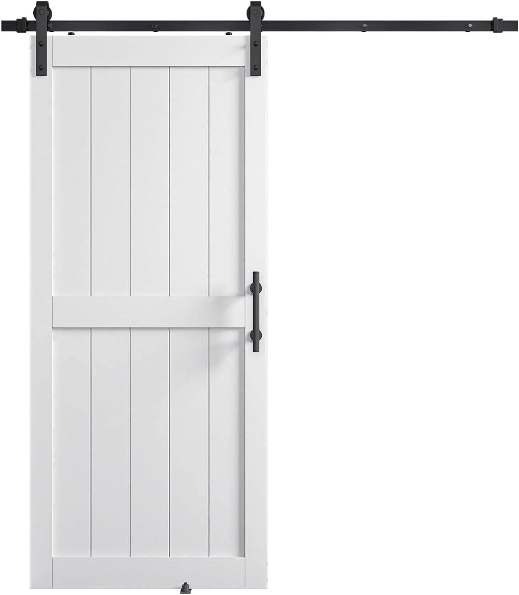 COSHOMER 36in x 84in MDF Sliding Barn Door with 6.6ft Barn Door Hardware Kit & Handle, Pre-Drilled Holes Easy Assembly -Solid Barn Door Slab Covered with Water-Proof PVC Surface, White, H-Frame Image