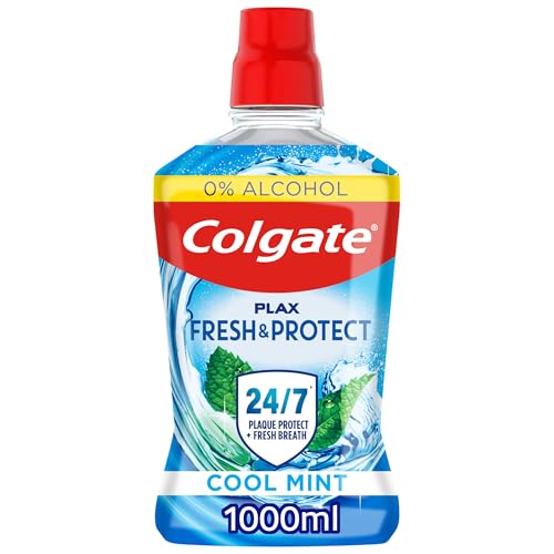 Colgate Plax Cool Mint Mouthwash 1L | fresh breath mouthwash | instant long-lasting freshness | no burn experience | 24/7 plaque protection when used twice daily | clinically tested by dentists | Alcohol-Free* Vegan Mouthwash with 24/7 Plaque Protection** and Long-Lasting Freshness