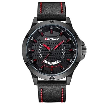Longbo Business Casual Rotating Date Dial Mesh Case Scratch Resistant Mirror Black Leather Strap Watch for Men and Boys