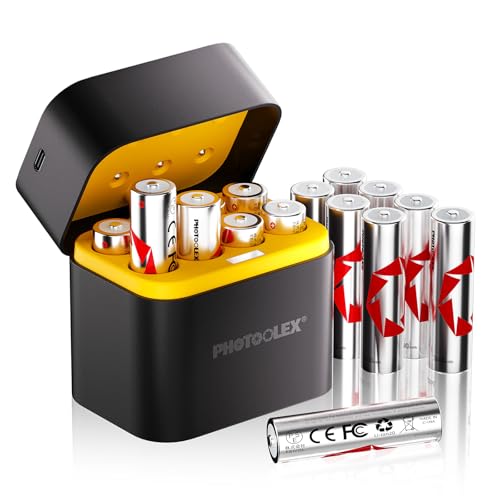 PHOTOOLEX wiederaufladbare Lithium Akkus AA 16-Pack mit Ladegerät, 3600mWh hohe Kapazität 1,5 V Hochleistungsausgang AA-Batterien mit integrierter Cha